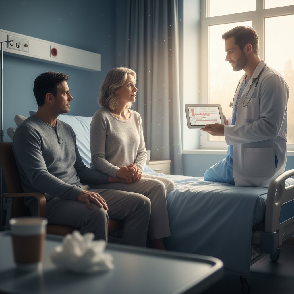 Pacjentka rozmawiająca z lekarzem w szpitalu, atmosfera nadziei i napięcia