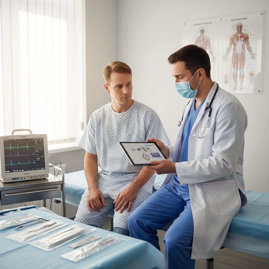 Pacjent konsultujący się z chirurgiem przed operacją, gabinet lekarski, dokumentacja medyczna