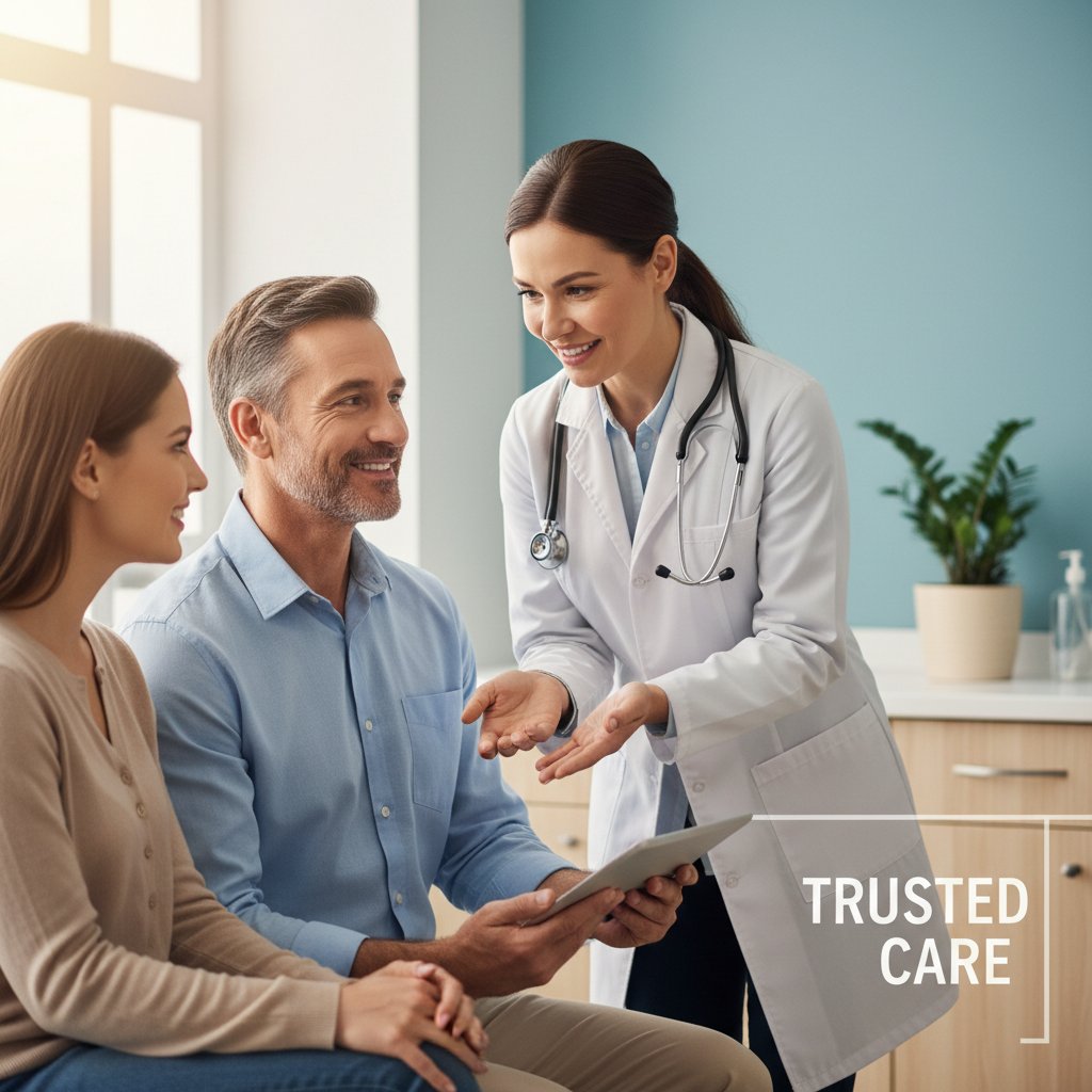 Pacjent rozmawiający z lekarzem po badaniu, atmosfera zaufania i troski