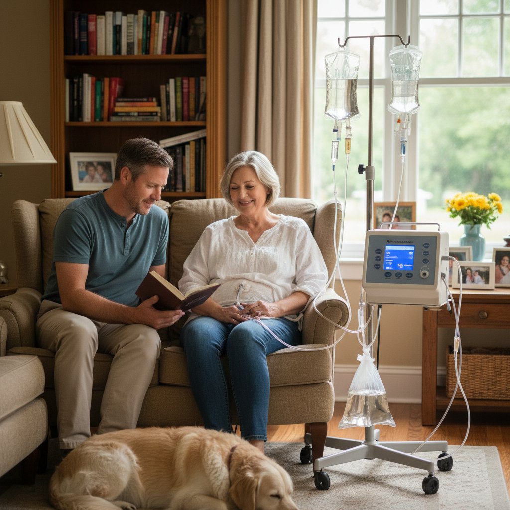 Zdjęcie: Pacjent wykonujący dializę otrzewnową w domu, pokazujący alternatywę dla hemodializy szpitalnej