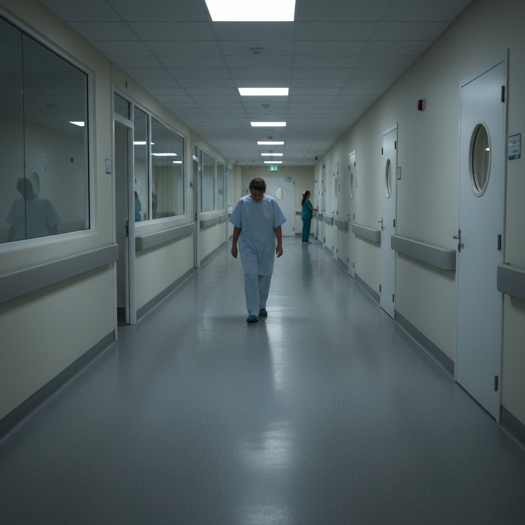 Pacjent wchodzi na oddział przed angiografią – sterylny, chłodny korytarz szpitalny, subtelne napięcie