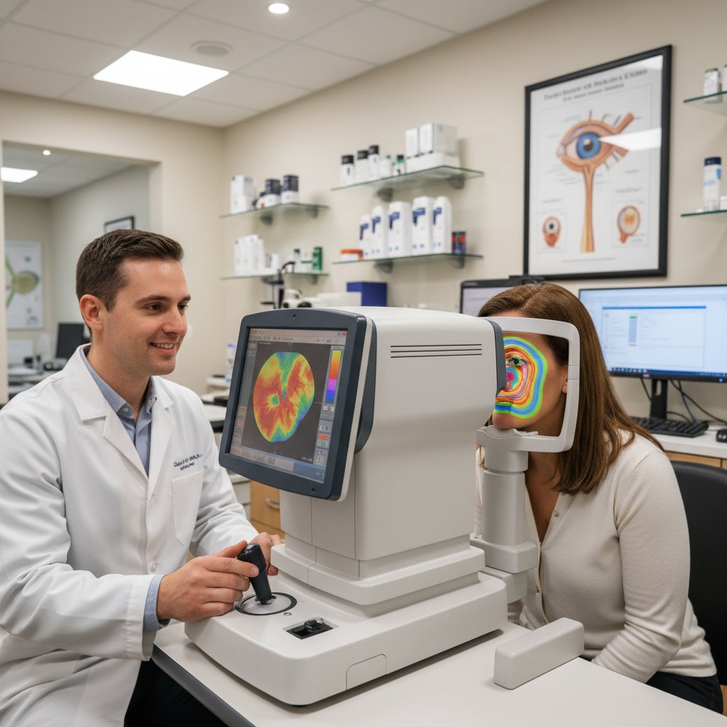 Pacjent podczas badania topografii rogówki w nowoczesnej klinice okulistycznej