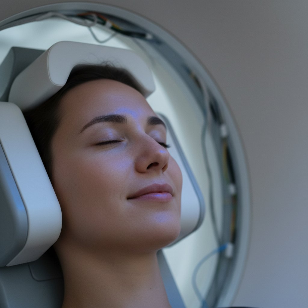 Twarz pacjenta w tunelu MRI, zamknięte oczy, emocje – niepokój i spokój naprzemiennie