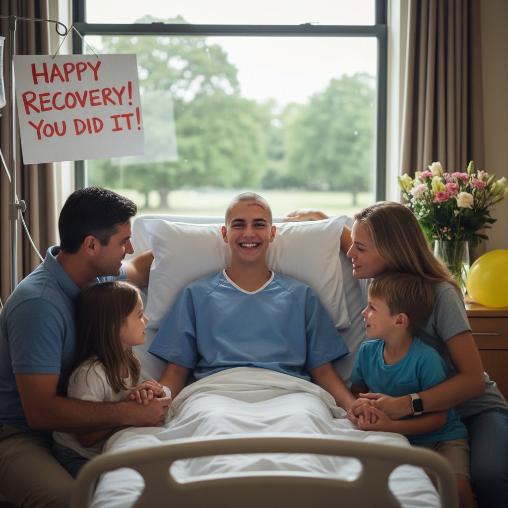 Pacjent po powrocie do zdrowia – radość z rodziną, uśmiech, pełnia życia po wentrikulostomii