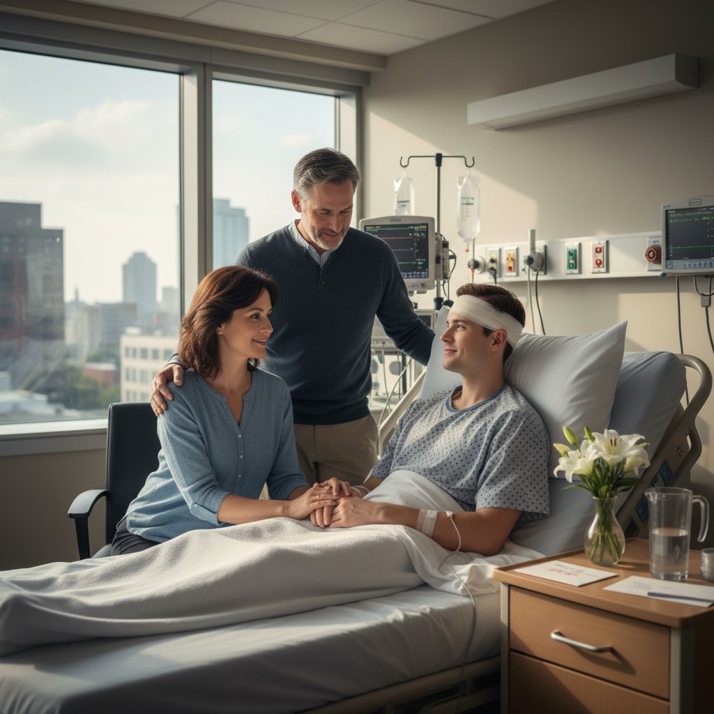 Pacjent po operacji robotem da Vinci, otoczony przez rodzinę, na oddziale szpitalnym