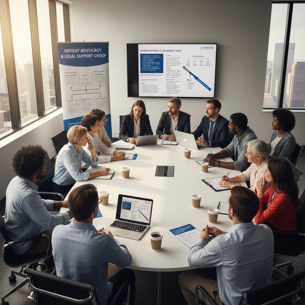 Grupa pacjentów i ekspertów podczas konsultacji prawnej, dokumenty, tablety, atmosfera wsparcia