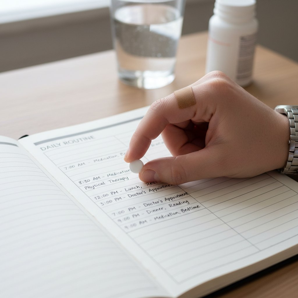 Codzienność pacjenta przyjmującego klopidogrel – dłoń z tabletką obok notatnika i zegarka