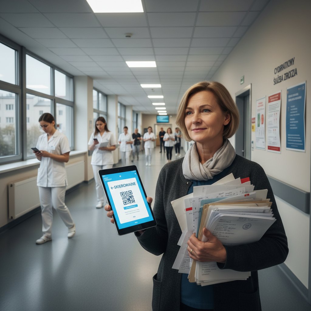 Pacjent trzymający cyfrowe skierowanie w szpitalnym korytarzu, kontrast między papierem a elektroniką, system opieki zdrowotnej w Polsce