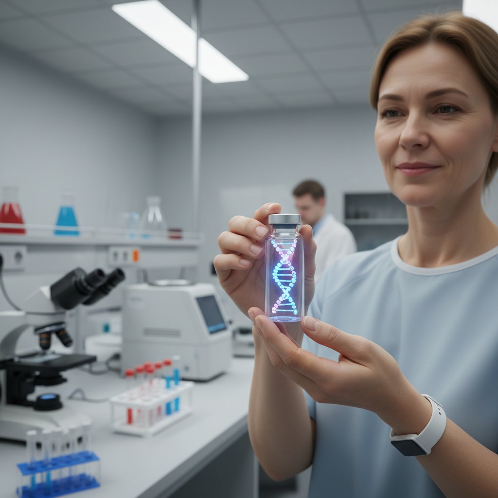 Pacjent trzymający fiolkę z DNA, matowe światło, kliniczne otoczenie