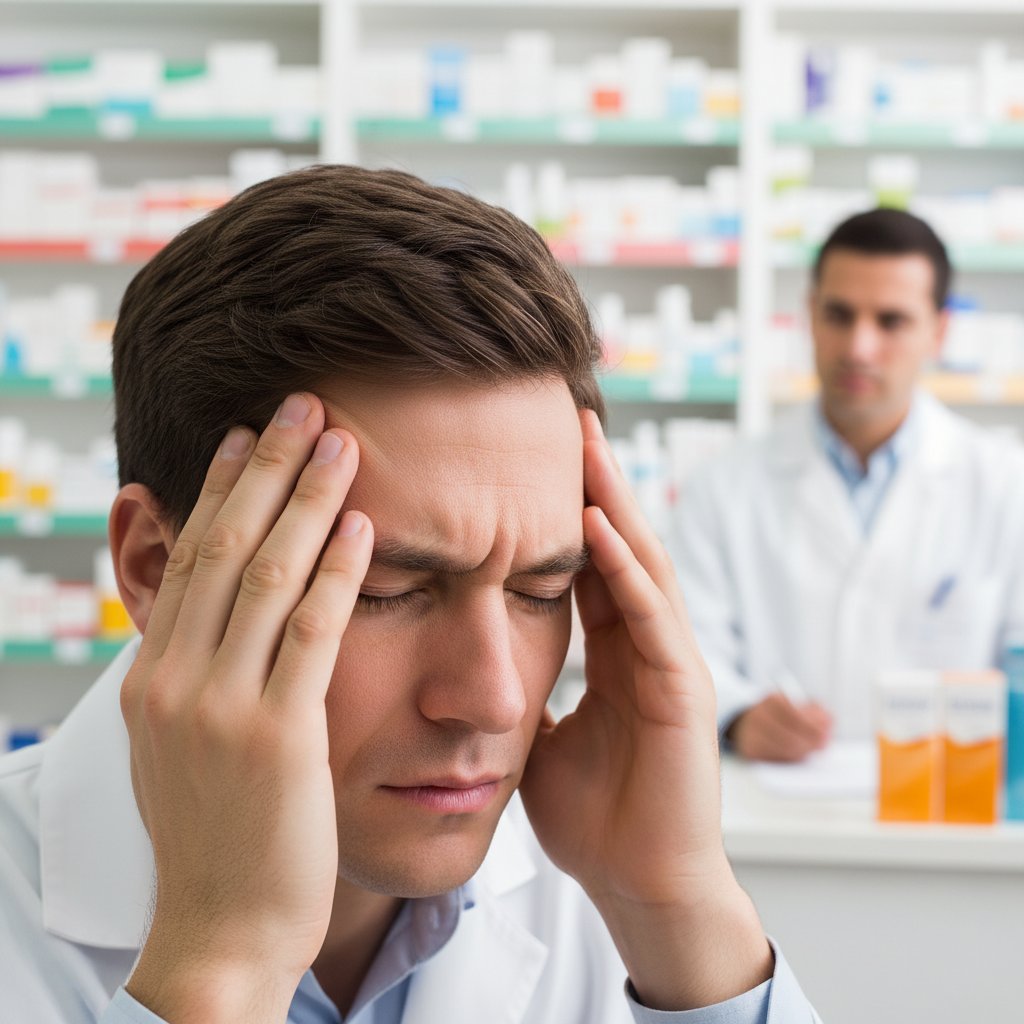 Pacjent trzymający się za głowę, wyraz twarzy sugerujący ból, apteka w tle
