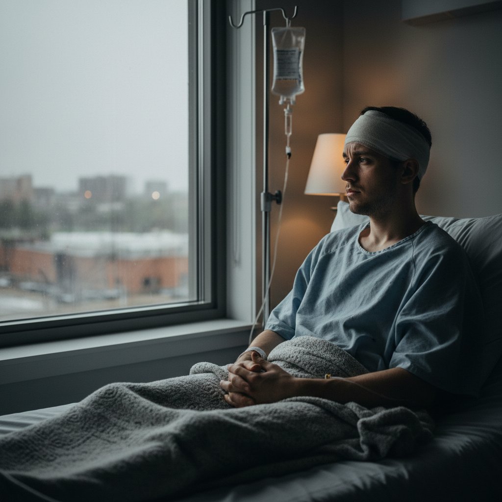 Pacjent patrzy w okno szpitala, wyraźnie zamyślony i zestresowany po operacji