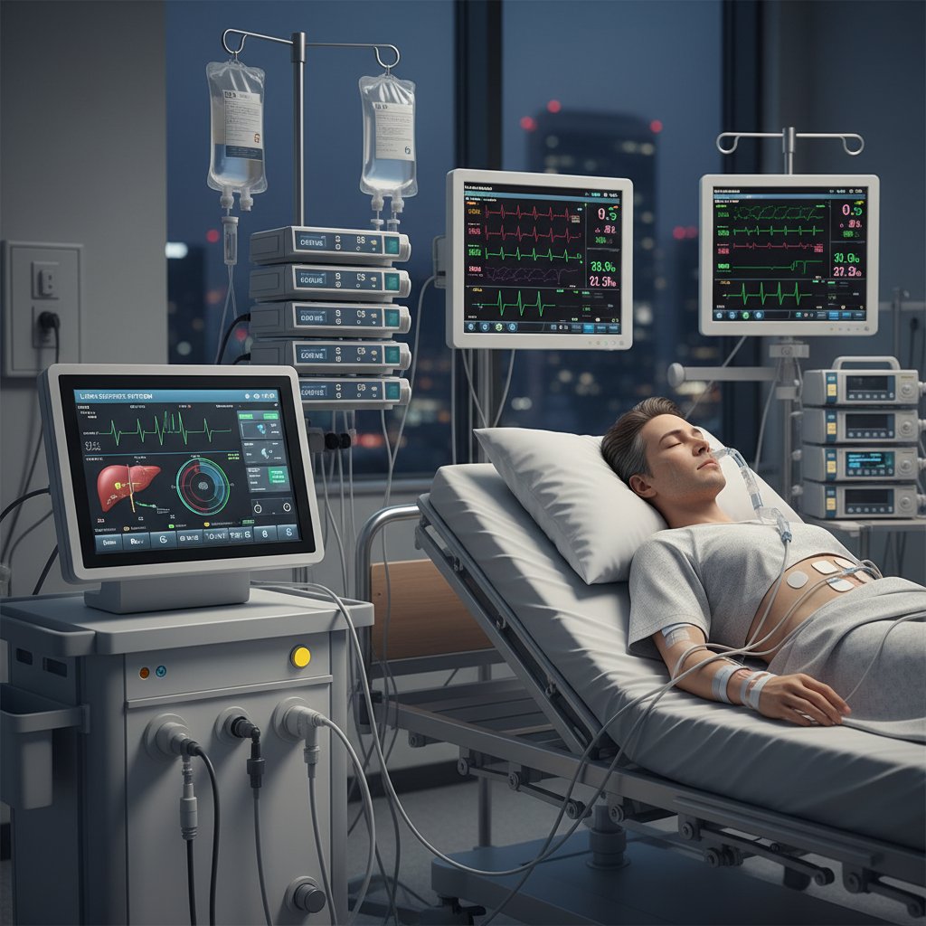Pacjent na oddziale intensywnej terapii, podłączony do aparatury monitorującej funkcje wątroby