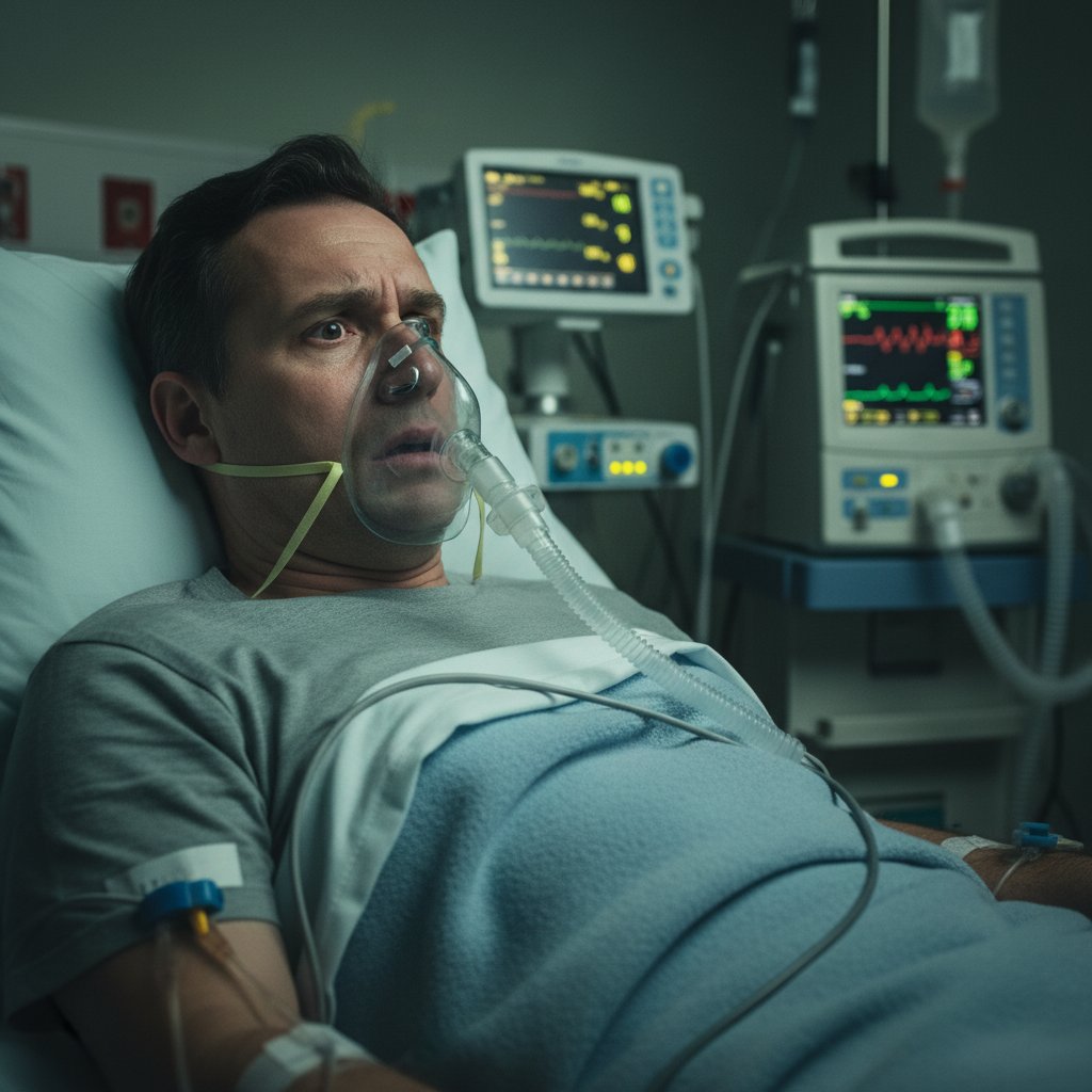 Osoba leżąca na łóżku szpitalnym, podpięta do aparatury medycznej, wyraz twarzy zaniepokojony