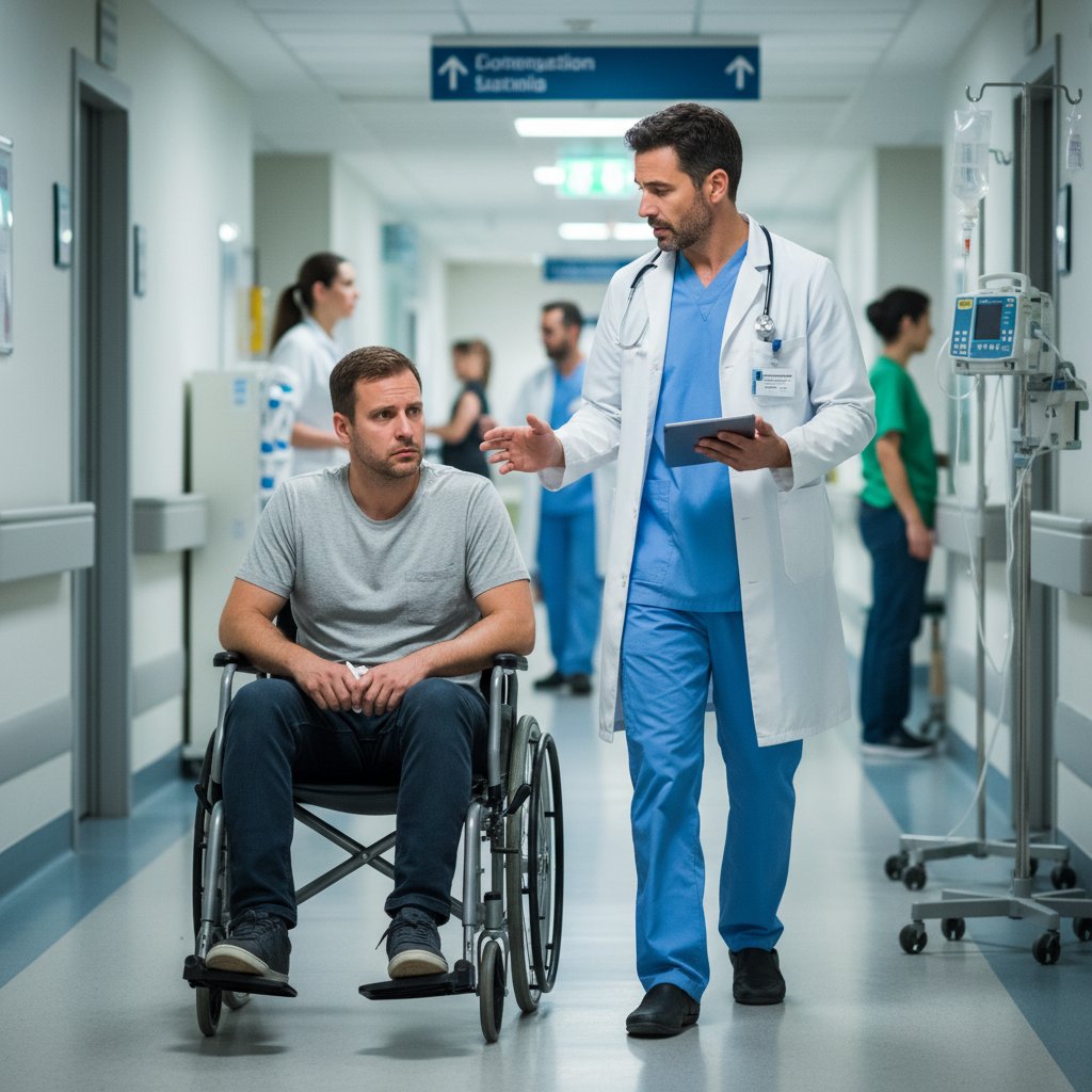 Pacjent na wózku inwalidzkim rozmawiający z lekarzem o endoprotezie, szpital, poważna atmosfera