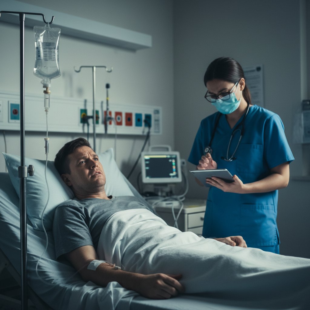 Zdjęcie pacjenta podczas infuzji w szpitalu, pielęgniarka monitoruje parametry; emocje, napięcie, nowoczesna aparatura