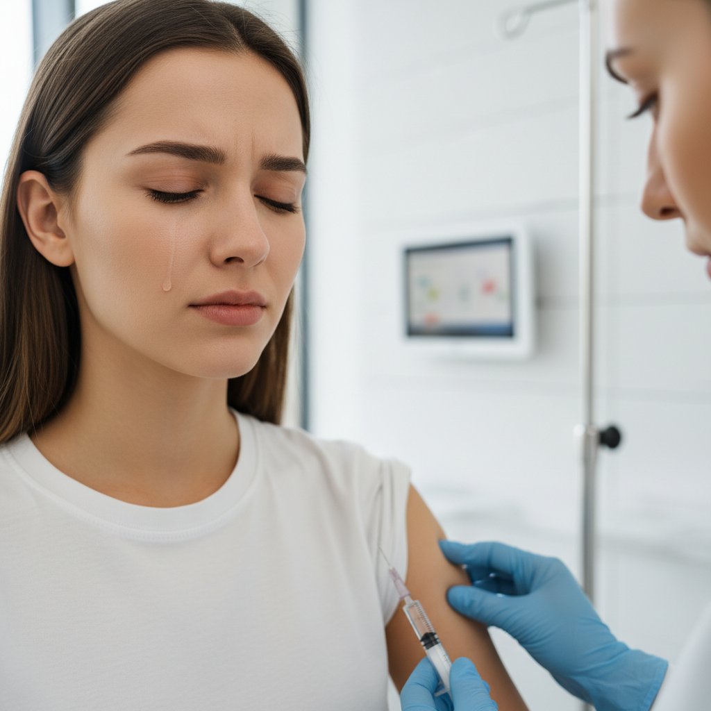 Nowoczesna klinika, pacjent poddawany zastrzykowi immunoterapii, emocje nadziei i niepewności na twarzy
