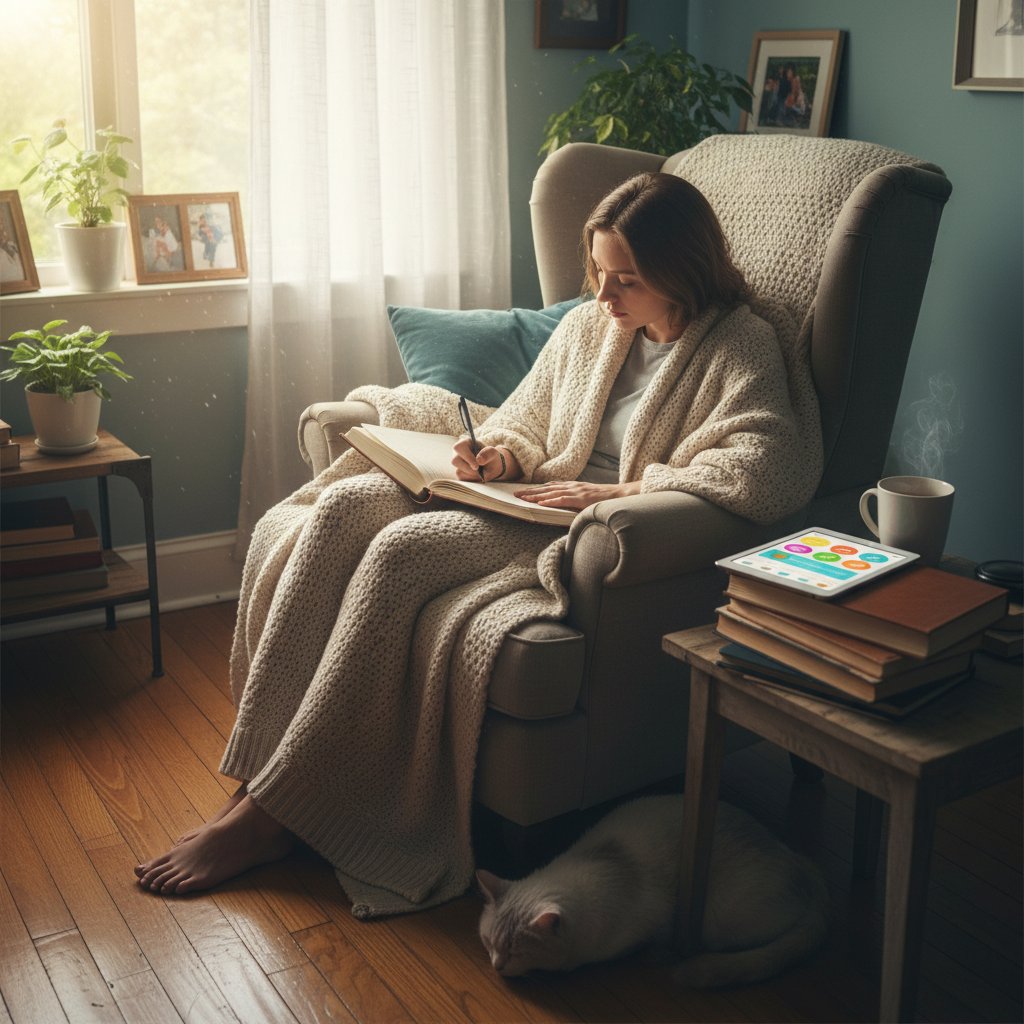 Pacjent zapisujący wyniki zdrowotne w domowym zaciszu, dziennik zdrowia