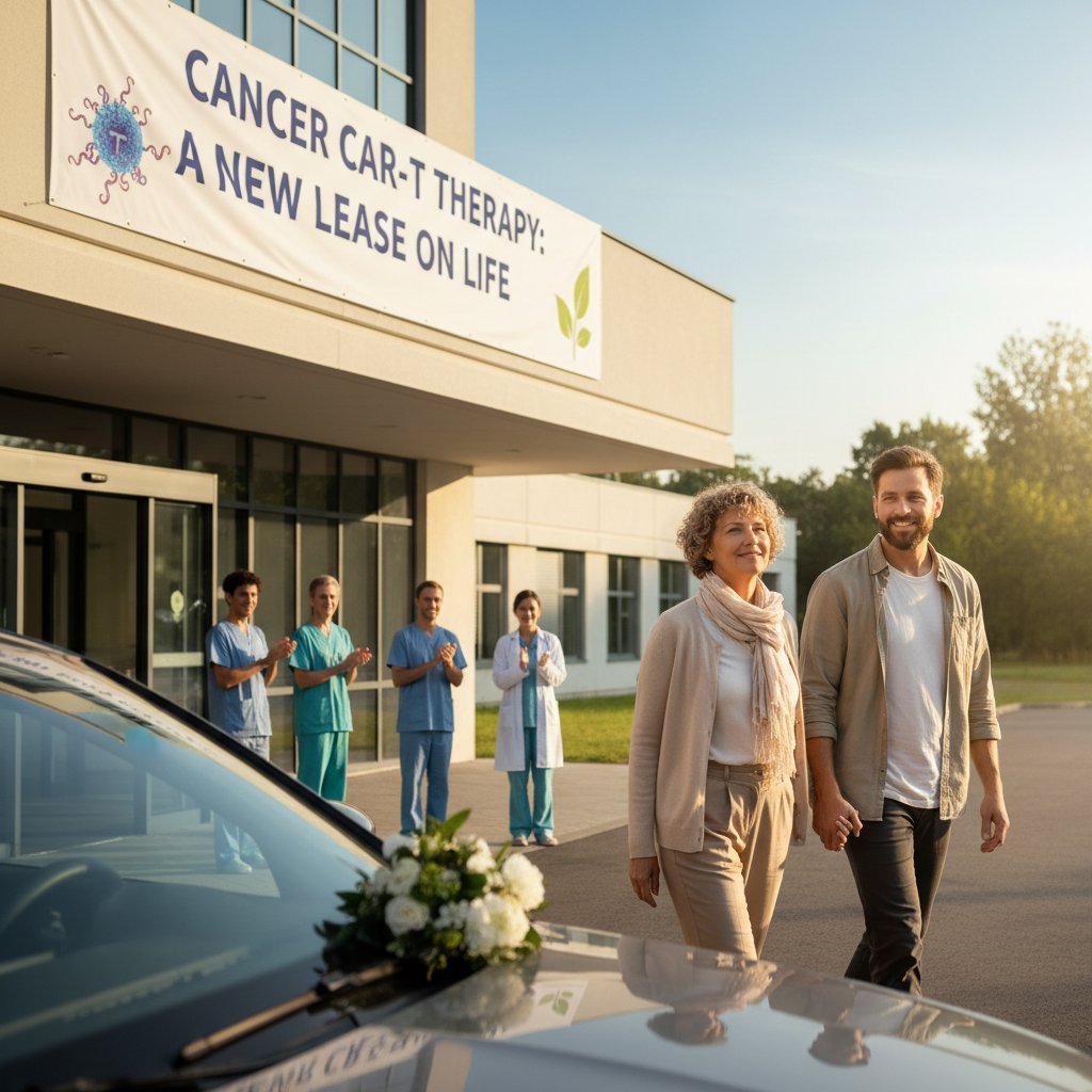 Portret pacjenta wychodzącego ze szpitala, emocje ulgi i niepewności, terapia CAR-T