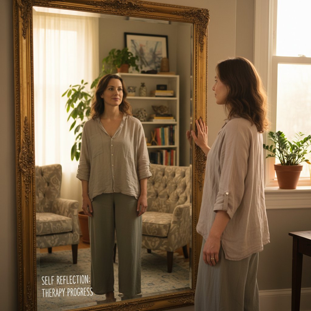 Pacjent wpatrujący się w lustro — symbol refleksji i monitorowania postępów w terapii