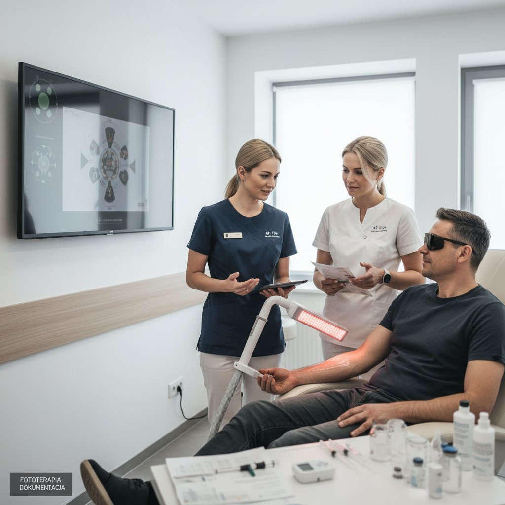 Pacjent w polskiej klinice podczas przygotowania do terapii fotodynamicznej