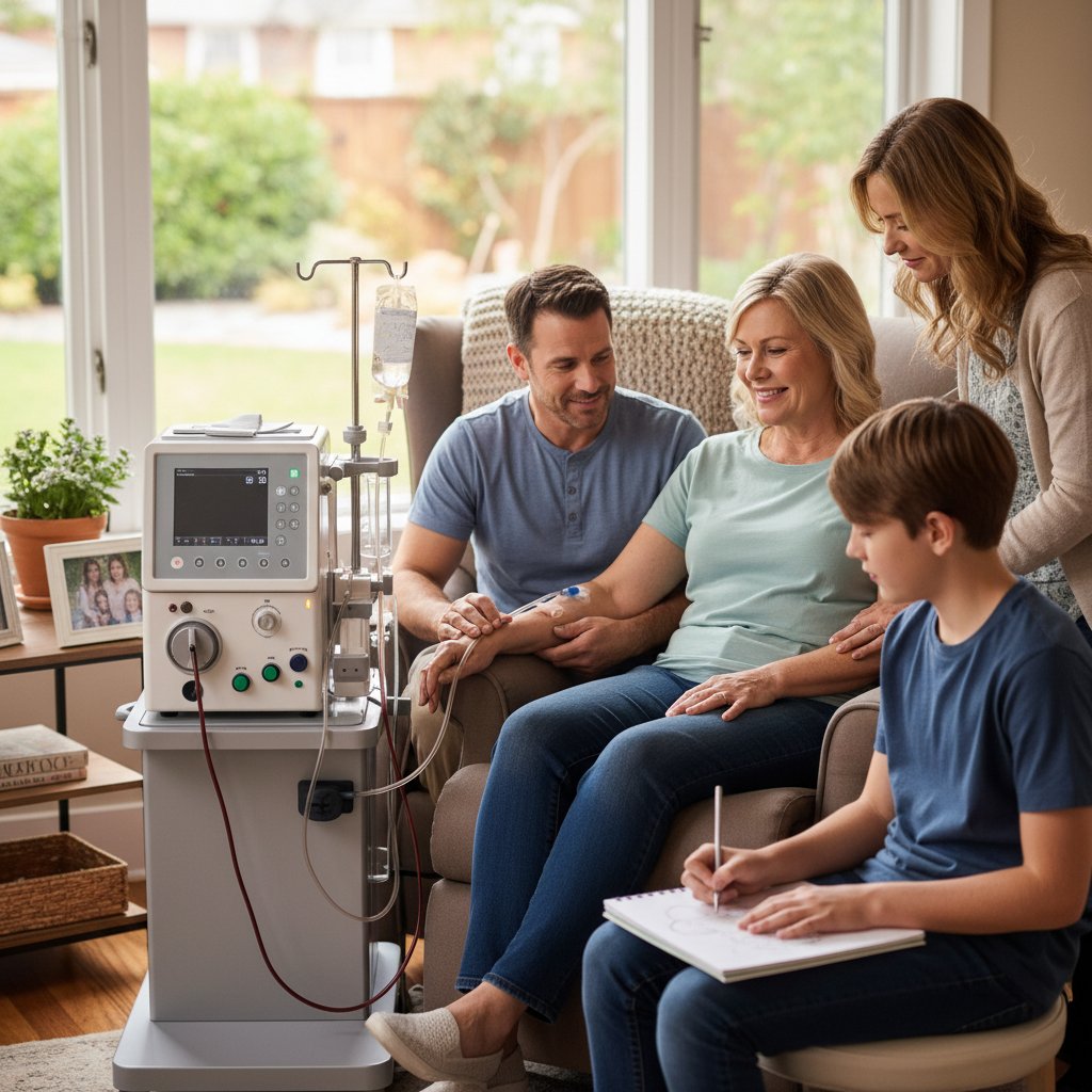 Fotografia: Pacjent podłączony do aparatu do dializy, w otoczeniu rodziny, symbolizująca codzienność leczenia