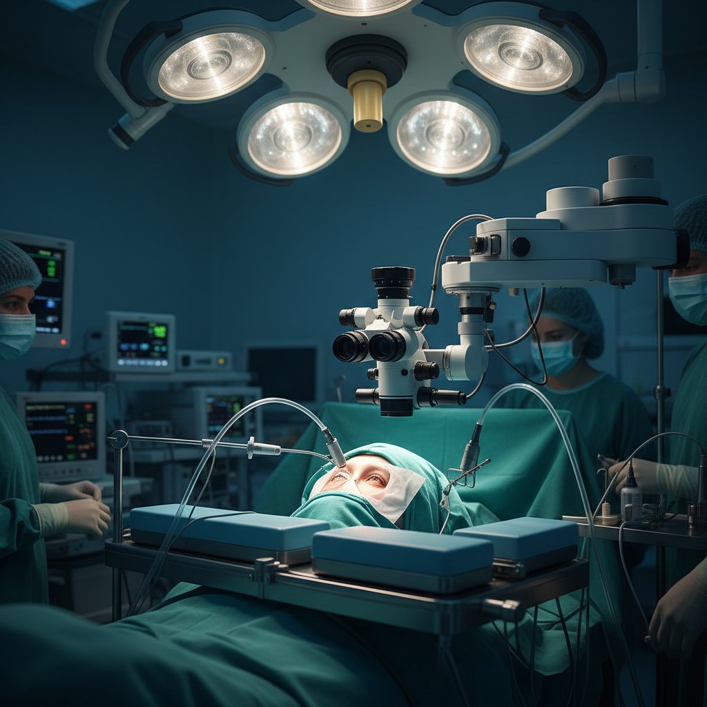 Pacjent na stole operacyjnym podczas operacji zaćmy, widoczne światła operacyjne