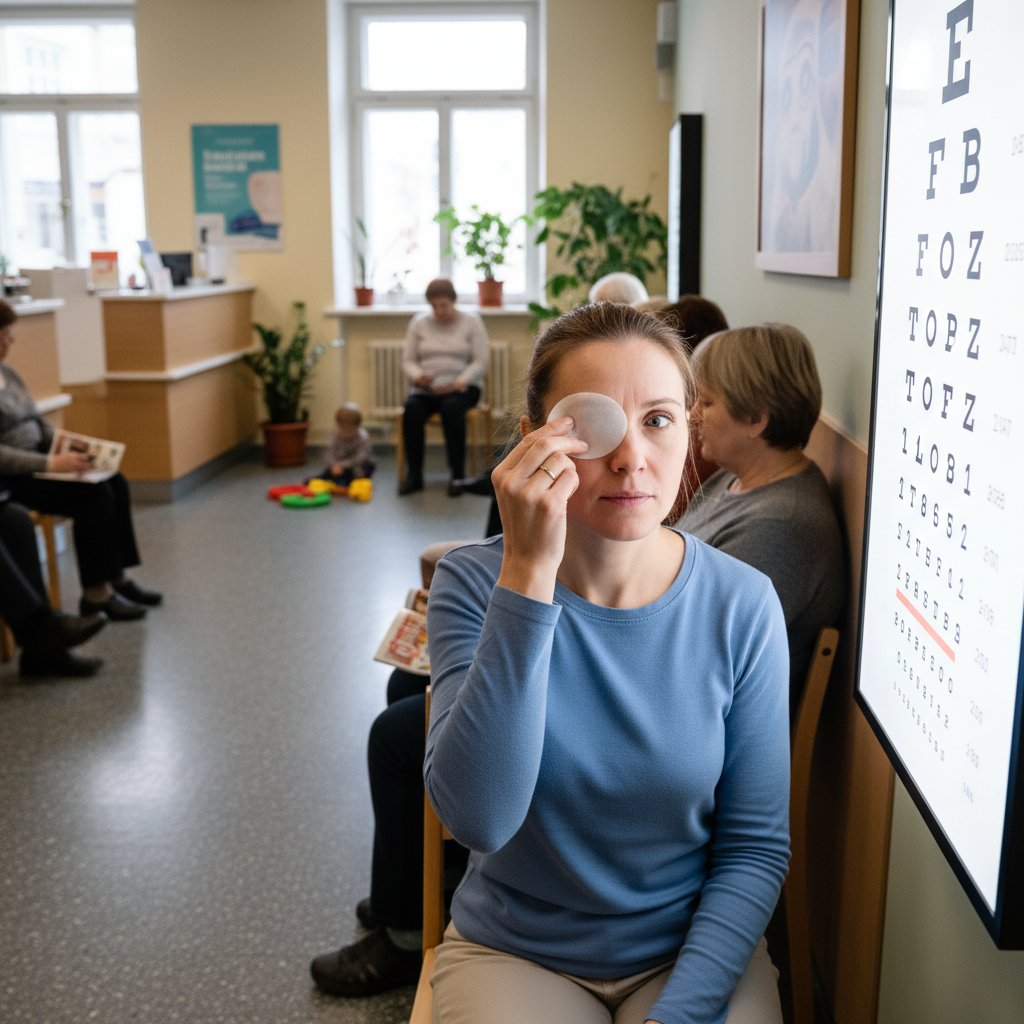 Pacjent przygotowujący się do badania topografii rogówki w poczekalni kliniki