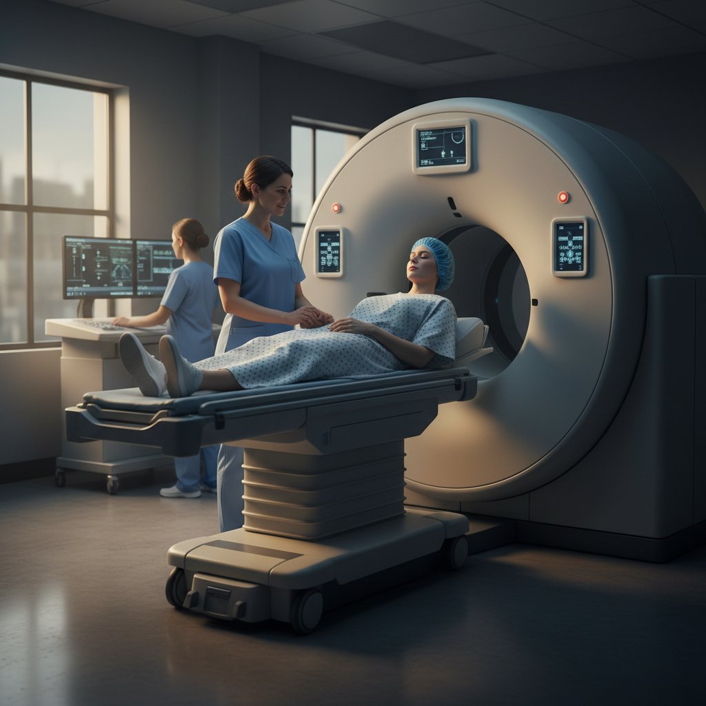 Pacjent przygotowuje się do badania hybrydowego, wsparcie pielęgniarki, emocjonalna atmosfera, ciepłe światło