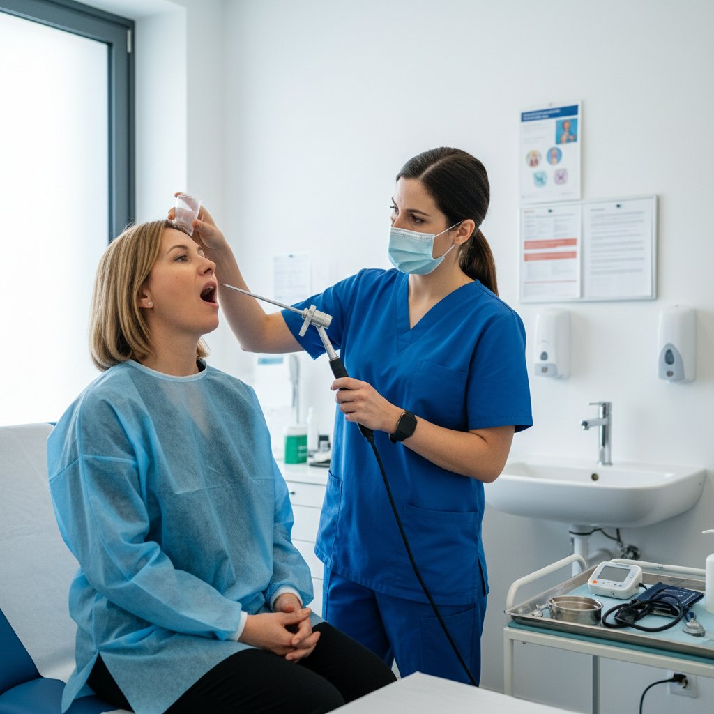 Pacjent przygotowuje się do laryngoskopii w gabinecie medycznym
