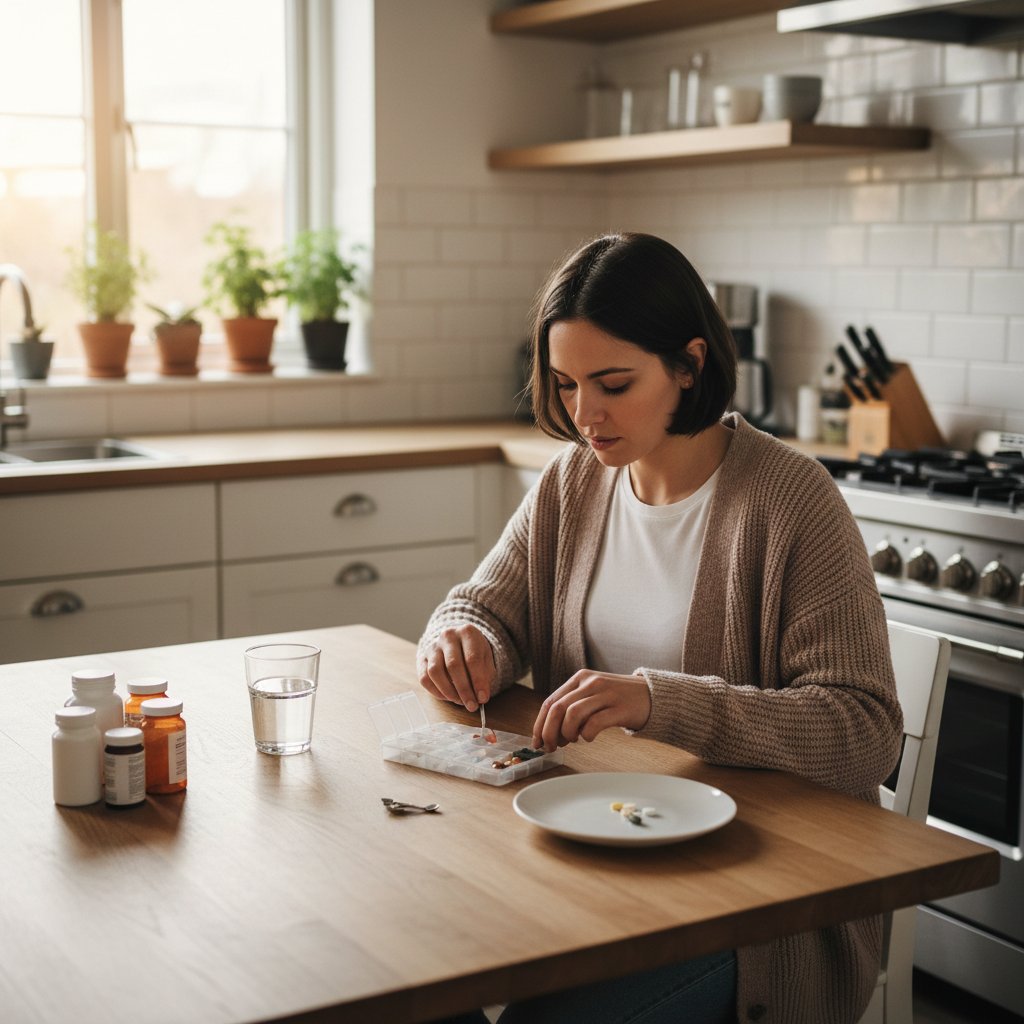 Pacjent samodzielnie przygotowujący lek do podania w domowej kuchni, skupienie i ostrożność