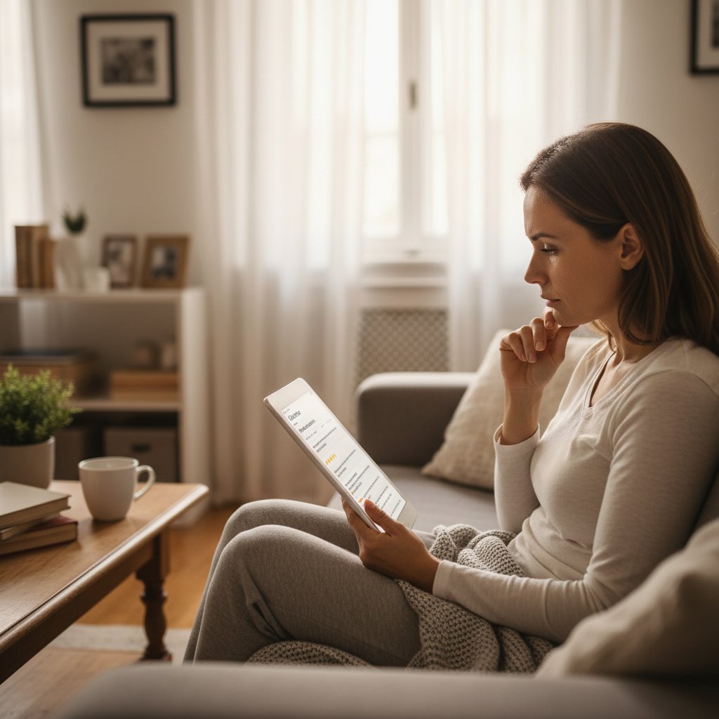 Pacjent przeglądający opinie o klinikach na tablecie, domowa atmosfera