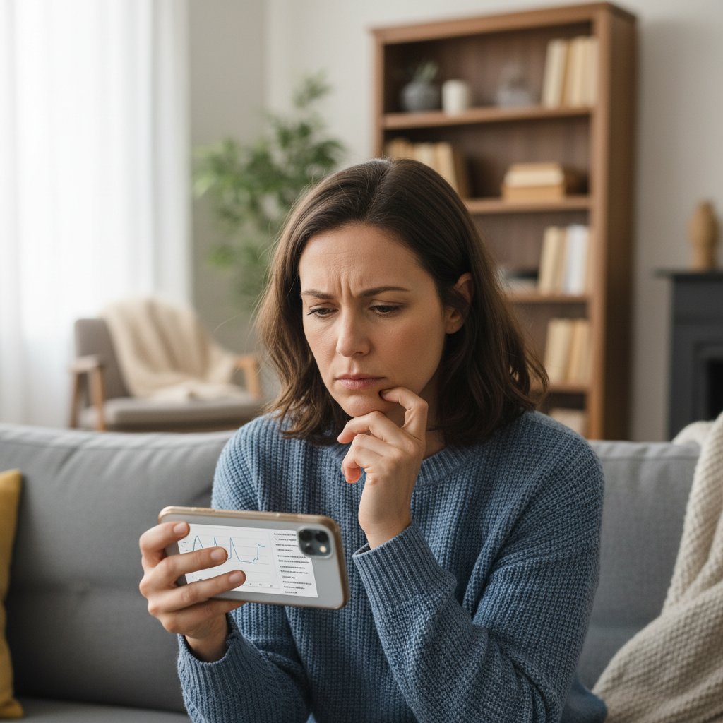 Odbiór i interpretacja wyniku posiewu przez pacjenta, smartfon w dłoni, domowa atmosfera, skupienie