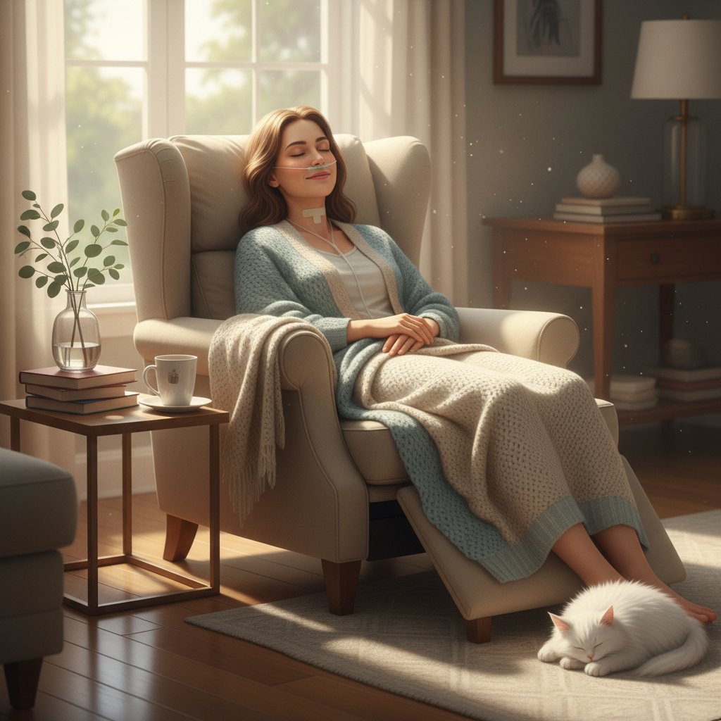 Pacjent w domowym zaciszu dochodzący do siebie po intubacji, spokojna atmosfera