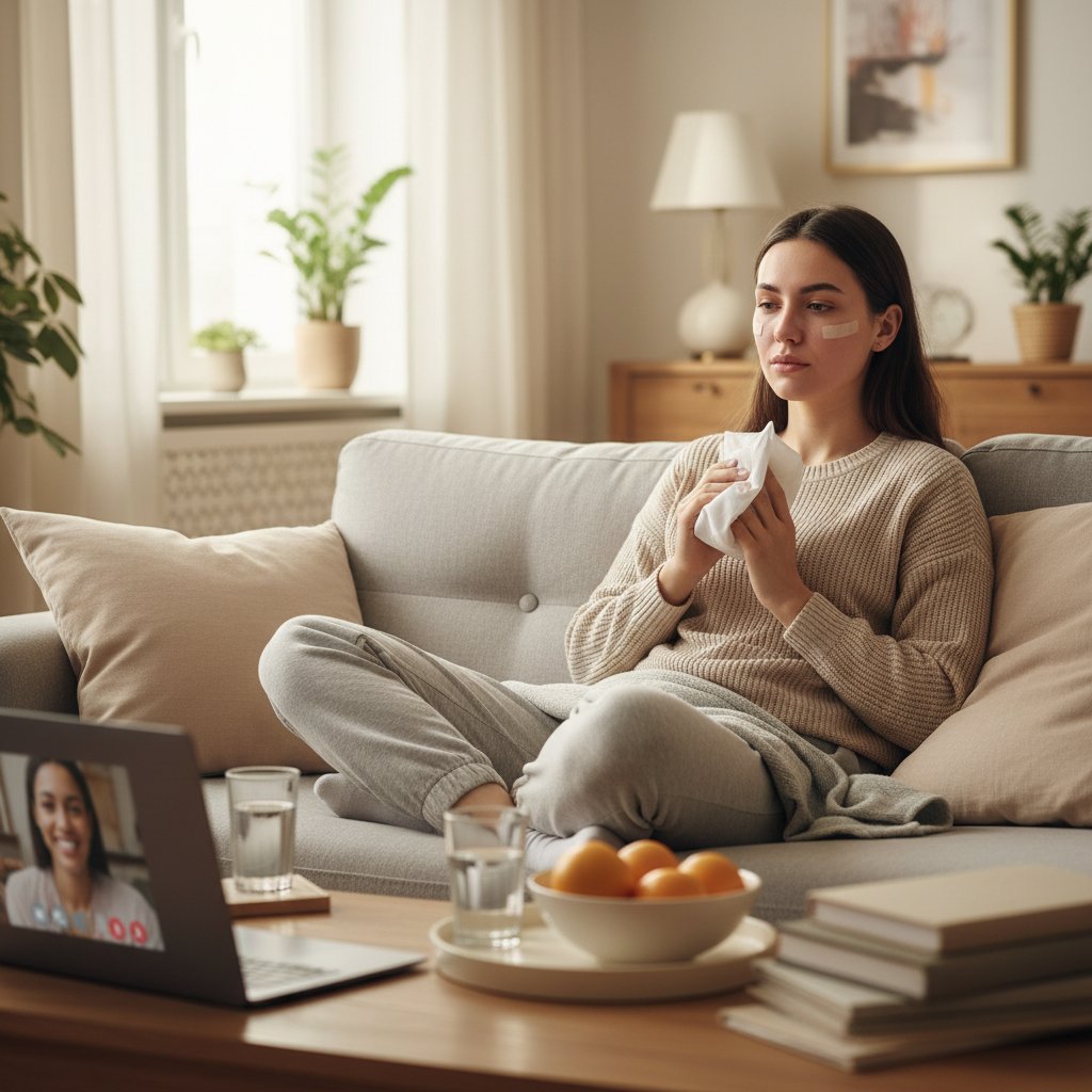 Pacjentka odpoczywająca po zabiegu powiększania policzków w domu, łagodna atmosfera