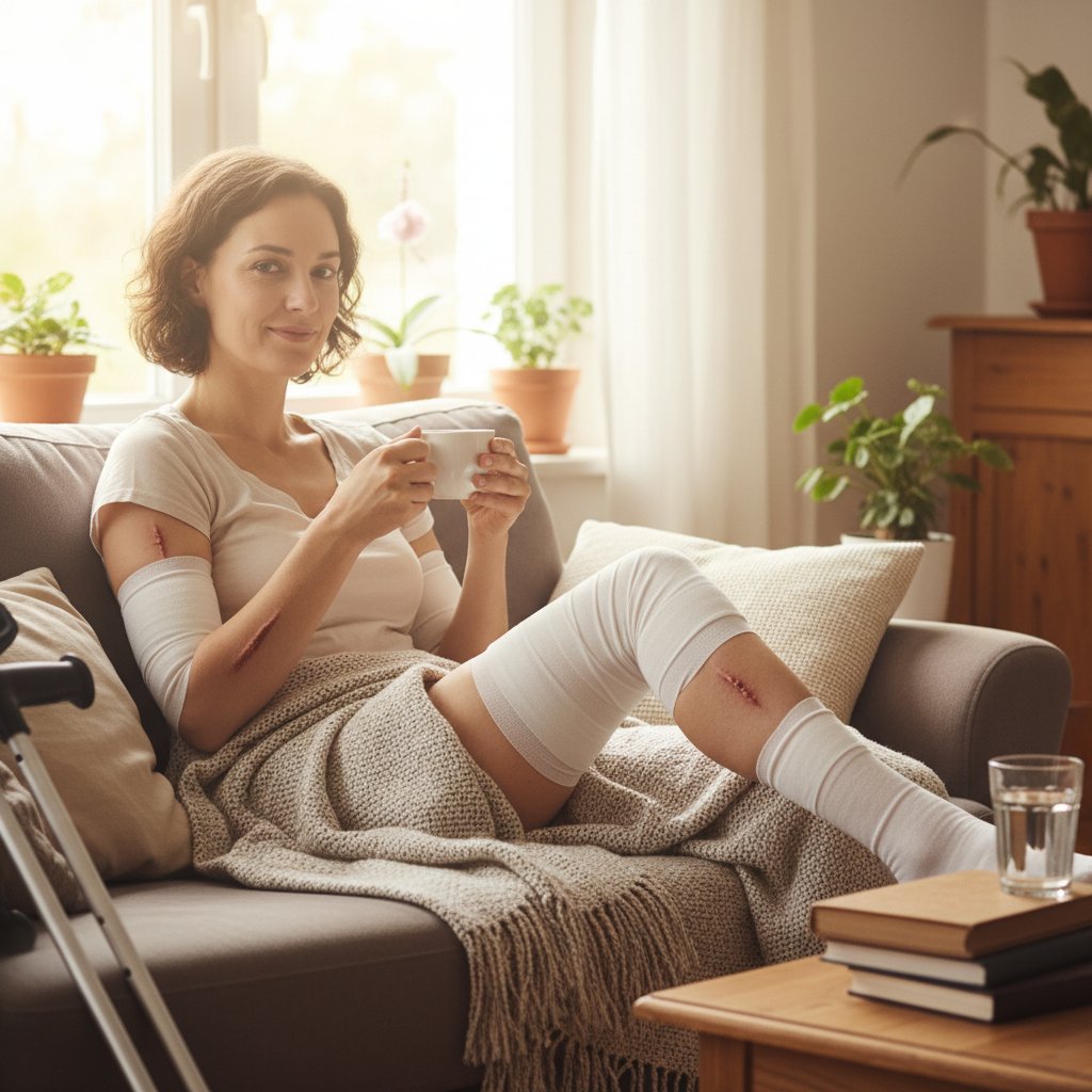 Pacjent rekonwalescent w domu, widoczne blizny i opatrunki, atmosfera nadziei i kruchości, operacja, powrót do zdrowia