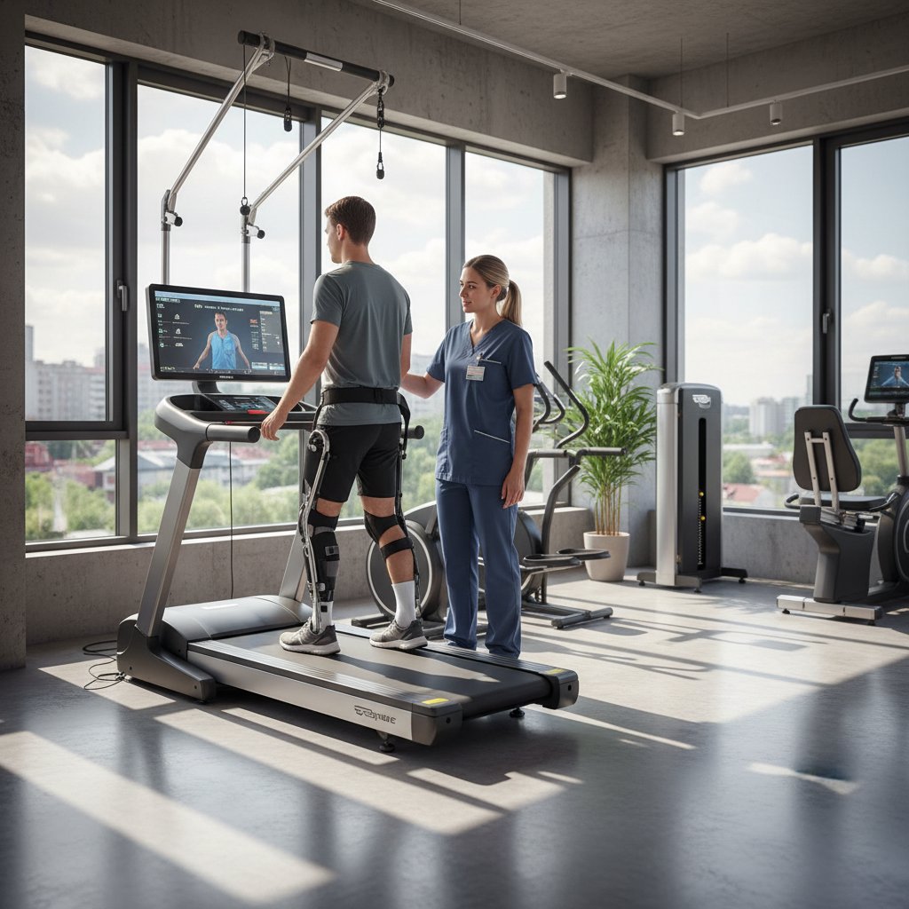 Pacjent z opaską rehabilitacyjną na ręce, terapeuta motywuje do ćwiczeń, nowoczesny sprzęt w tle