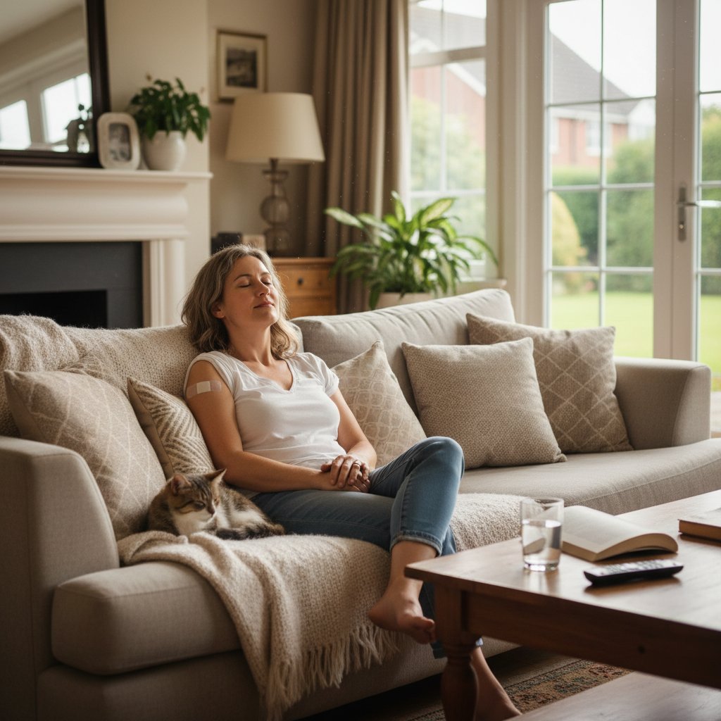 Pacjent odpoczywający po biopsji, z widocznym opatrunkiem, relaks w domu – regeneracja po biopsji