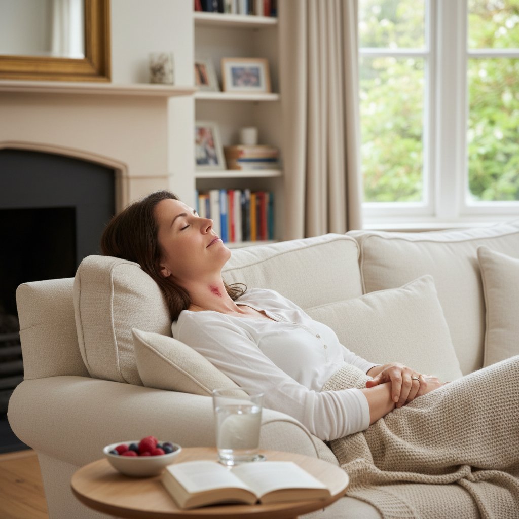 Pacjent odpoczywa po badaniu laryngoskopowym w domu, szklanka wody