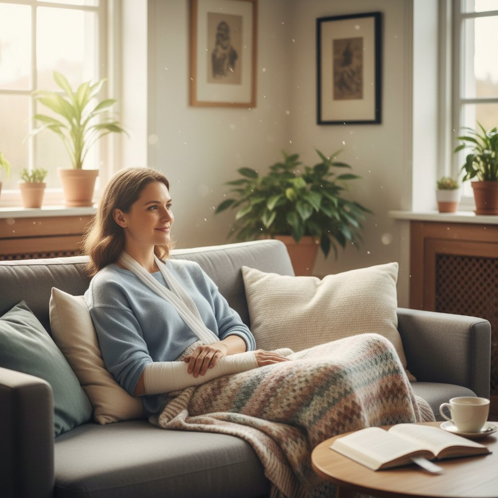 Pacjent regenerujący się po angiografii w domu, opatrunek na ręce, spokojne domowe wnętrze