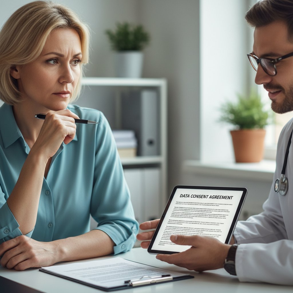 Pacjent podpisujący zgodę na przetwarzanie danych w gabinecie, klimat powagi i niepewności