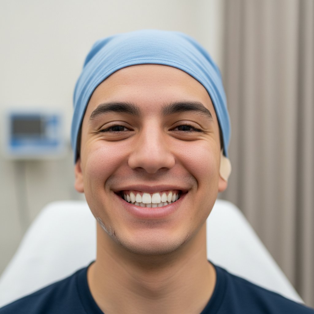 Pacjent uśmiechający się z nowym implantem szczęki po operacji