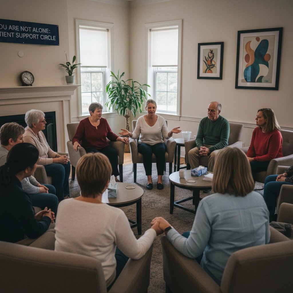 Spotkanie grupy wsparcia pacjentów, rozmowa w kręgu, atmosfera zrozumienia