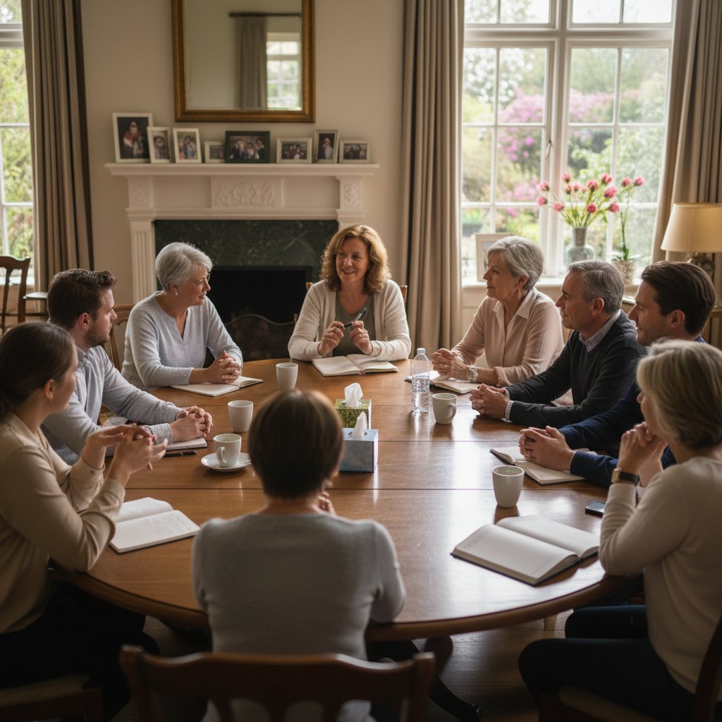 Grupa wsparcia pacjentów przy stole rozmawiających o terapii