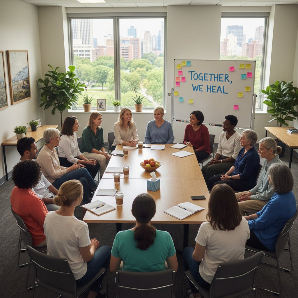 Spotkanie grupy wsparcia pacjentów po operacji guza, sala konferencyjna, poczucie wspólnoty
