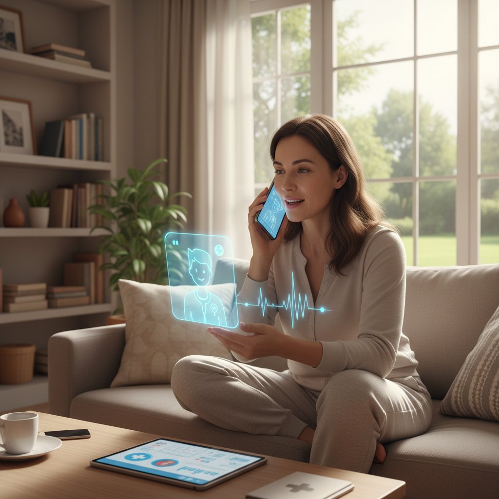 Pacjent rozmawiający przez smartfona z wirtualnym asystentem w domowym zaciszu