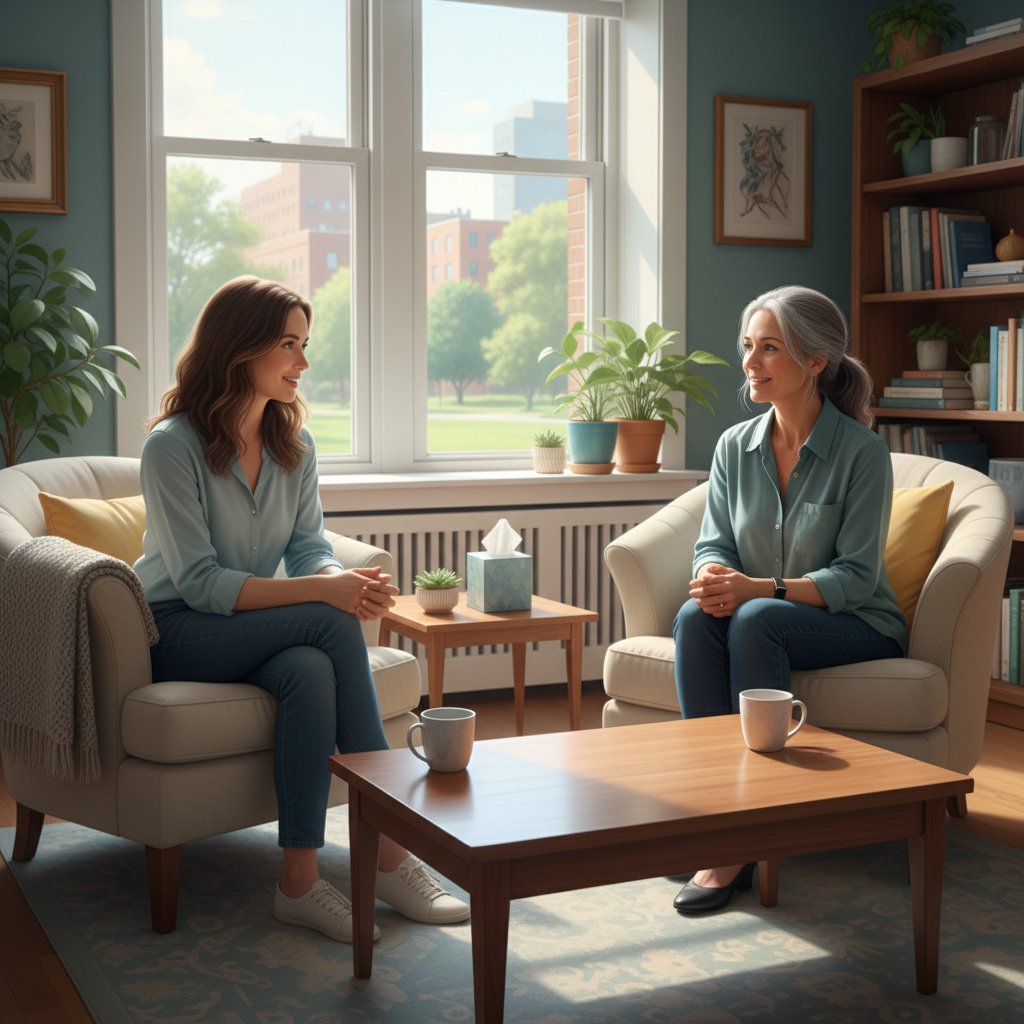 Pacjent rozmawiający z psychologiem w jasnym gabinecie, atmosfera zaufania i zrozumienia