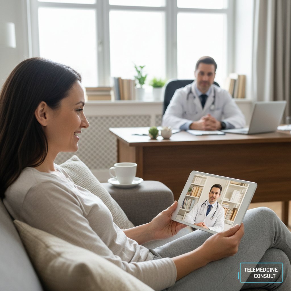 Pacjent prowadzący teleporadę z lekarzem przez laptopa w domu