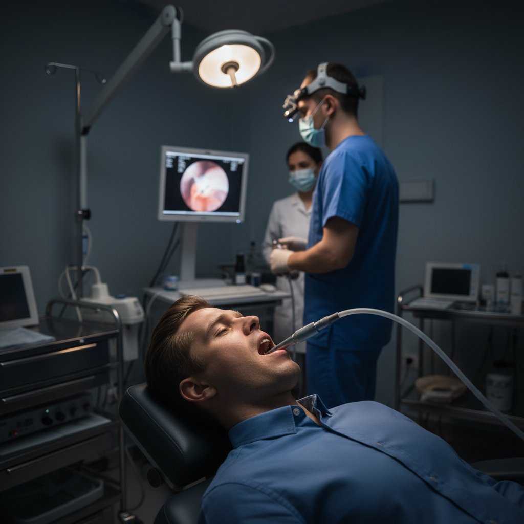 Pacjent podczas laryngoskopii, wyraz napięcia na twarzy, lekarz w tle