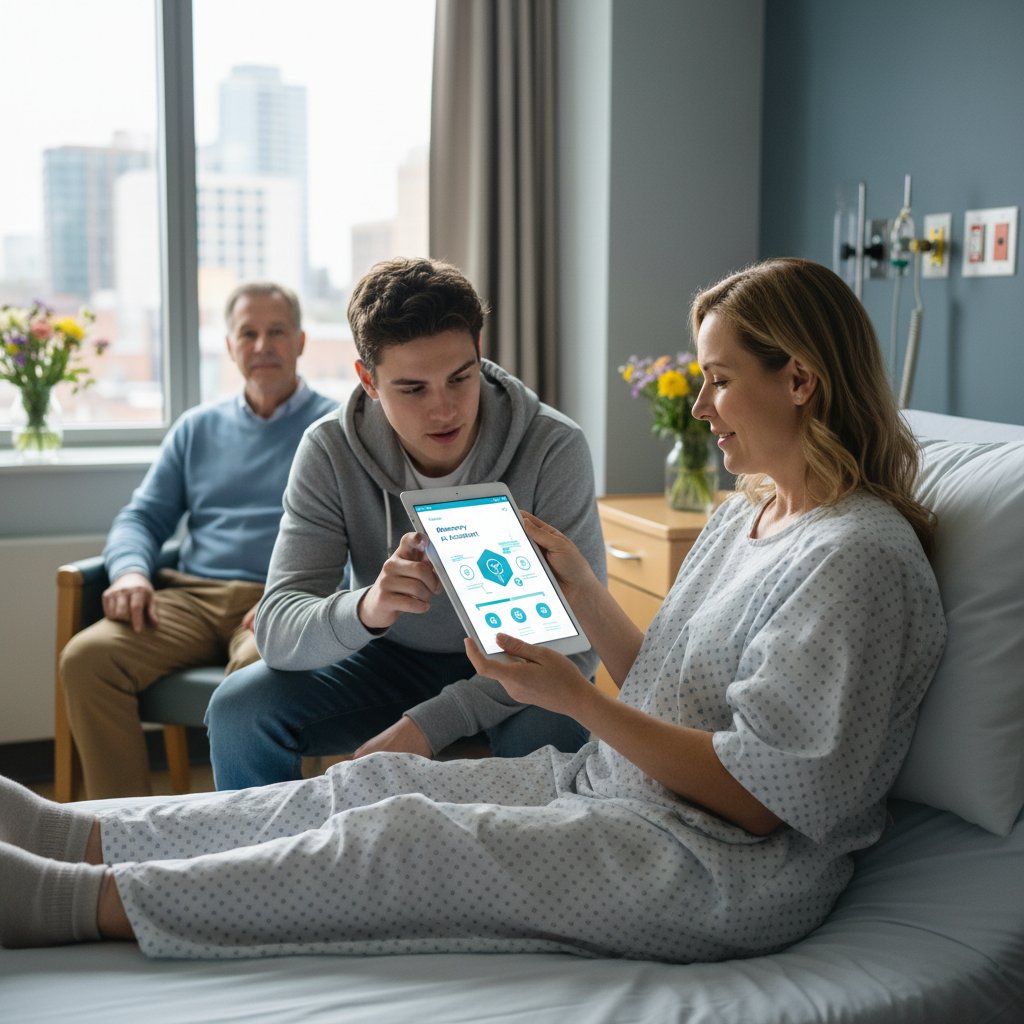 Pacjent korzysta z aplikacji zdrowotnej AI w szpitalnym pokoju, konsultując się z bliską osobą