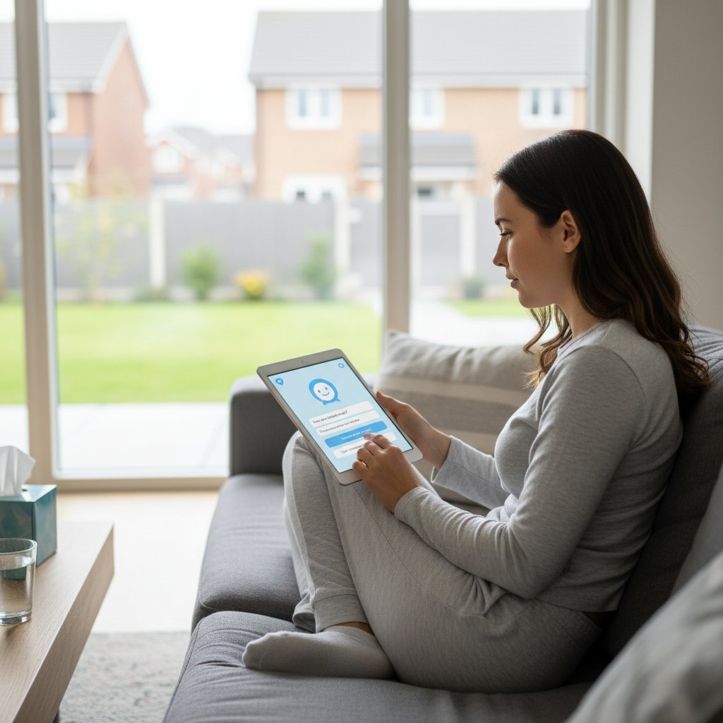 Pacjent korzystający z wirtualnego asystenta medycznego przed wyborem kliniki, spokojne wnętrze